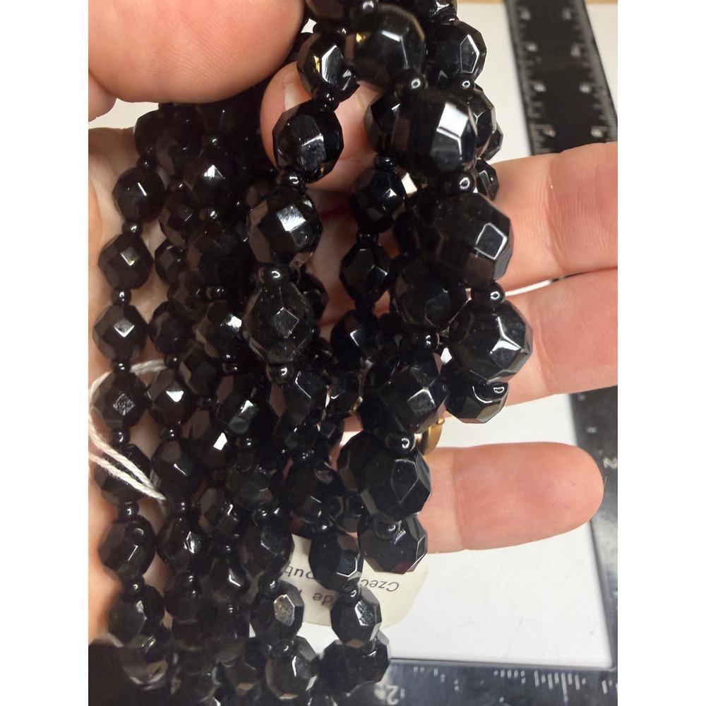 Czech Republic Black Faceted Glass Bead Double Strand Necklace 44 Inch